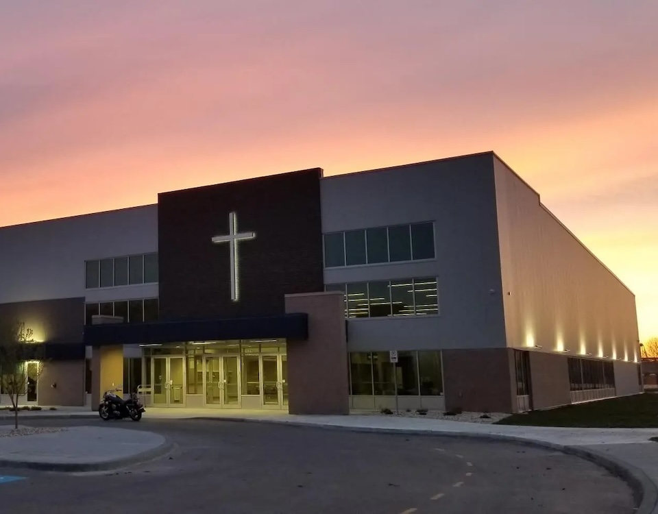 Exterior photo of Whyte Ridge Baptist Church at sunset